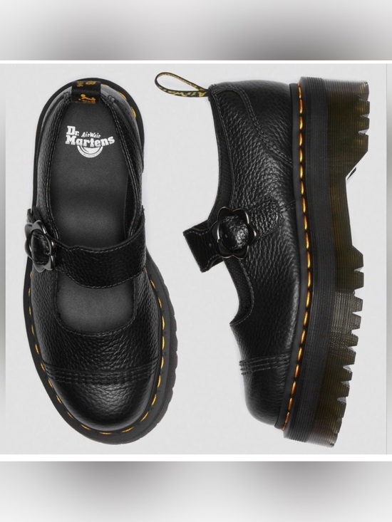 Dr. Martens Shoes - Dr. Martens Black Leather Mary Jane Platform with Yellow Stitching